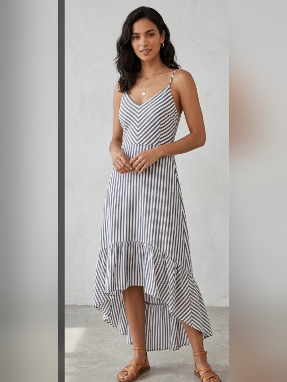 Mustard Seed Blue White Striped High Low Dress Lace Up Back L Large